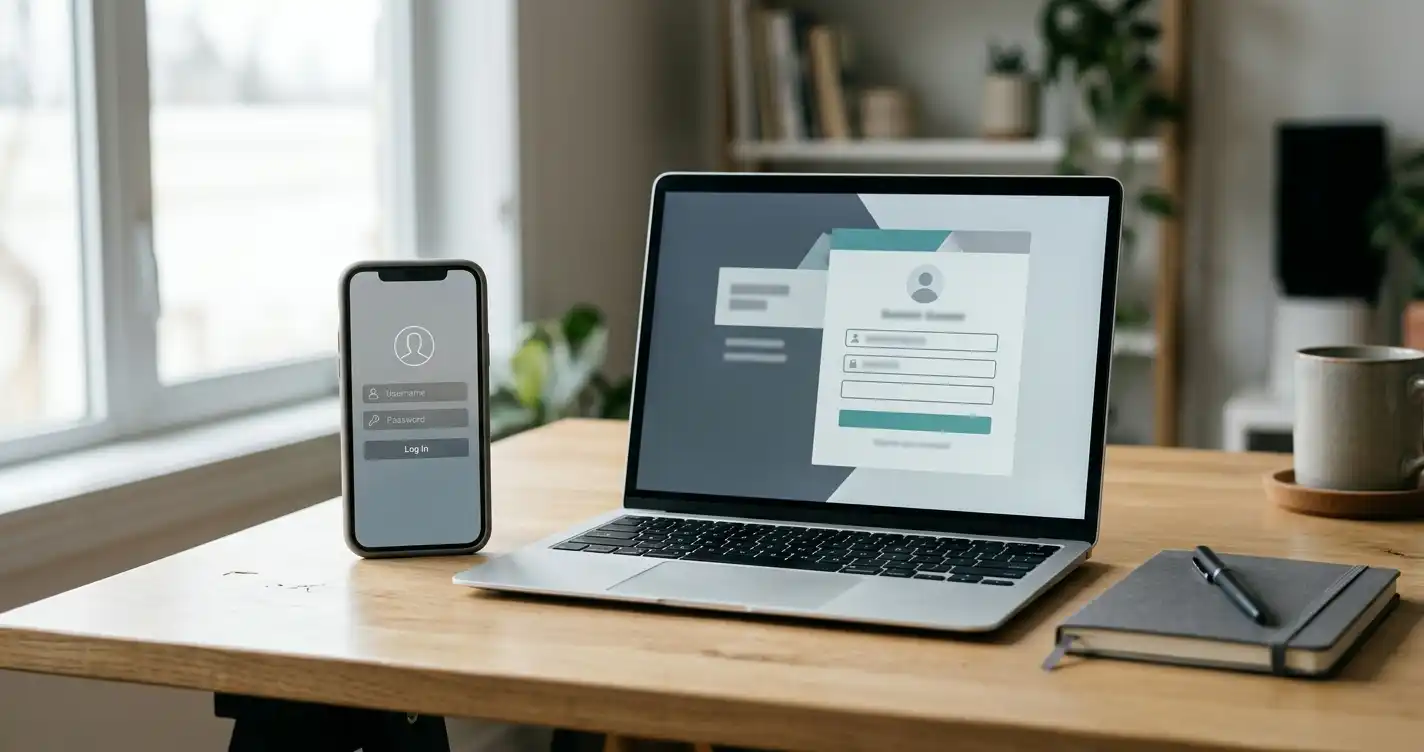 An unbranded smartphone and laptop showing blank sign-in fields beside a notebook on a wooden desk