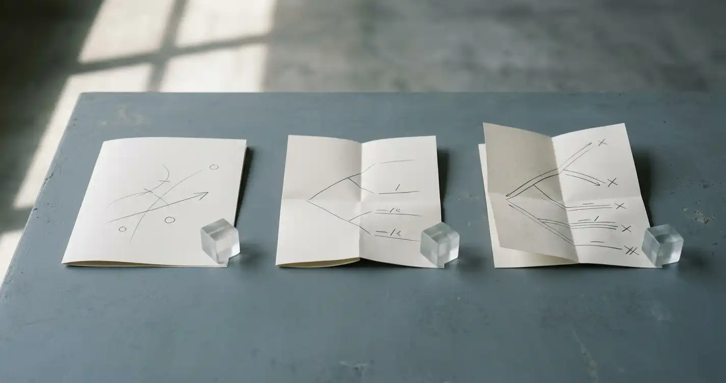 Three folded blank sheets and translucent geometric blocks arranged on a neutral desk
