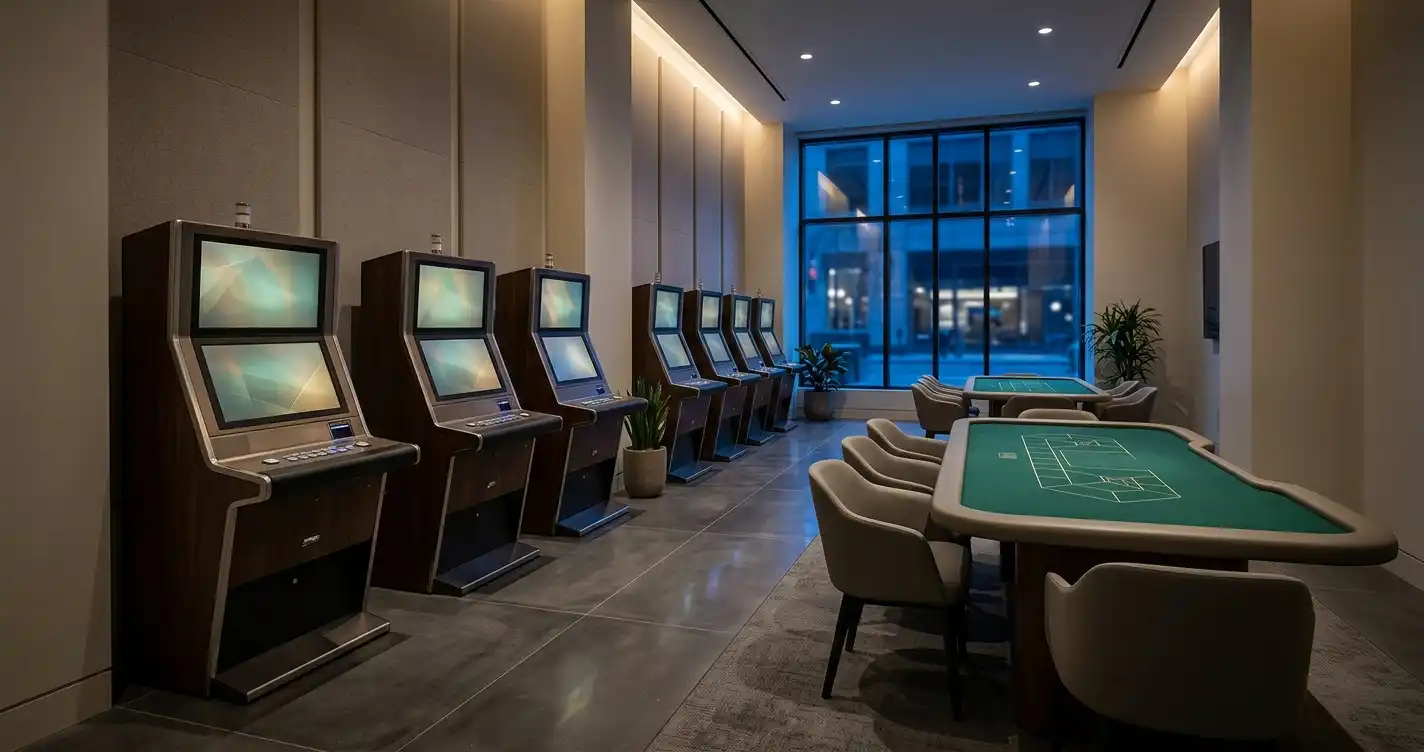 Quiet modern gaming lounge with unbranded illuminated screens and an empty gaming table