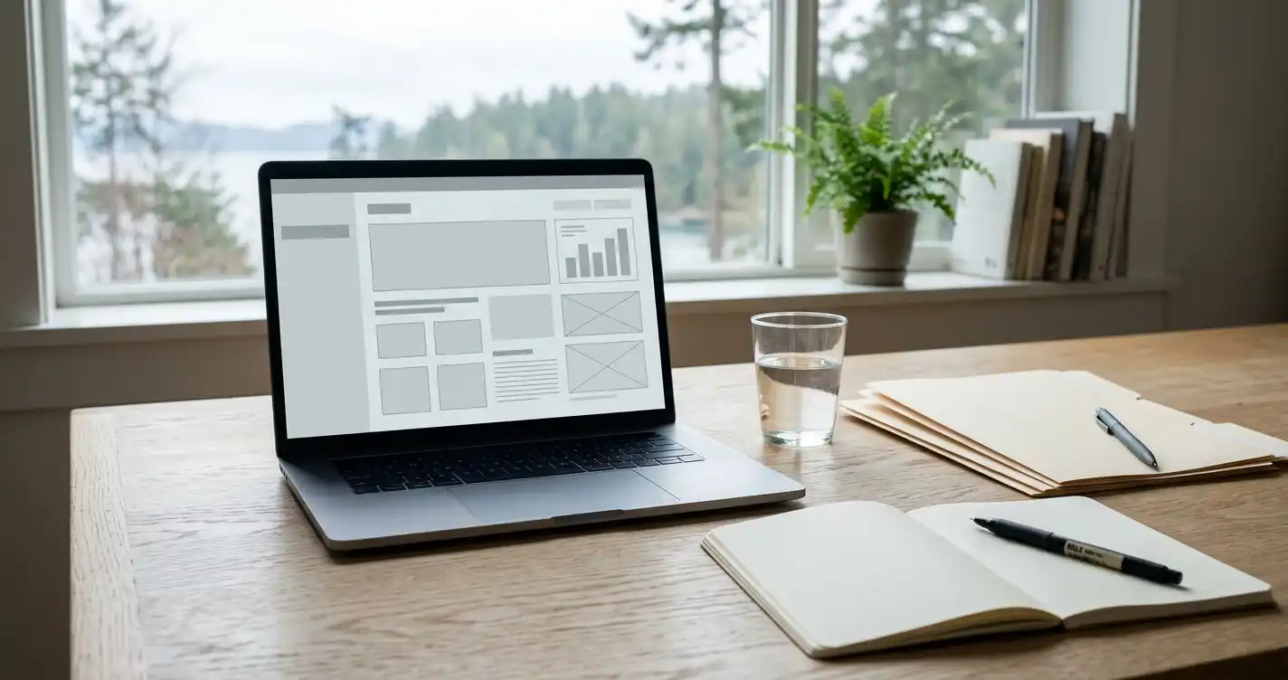 Open notebook, blank documents and a pen arranged on a neutral desk beside a laptop