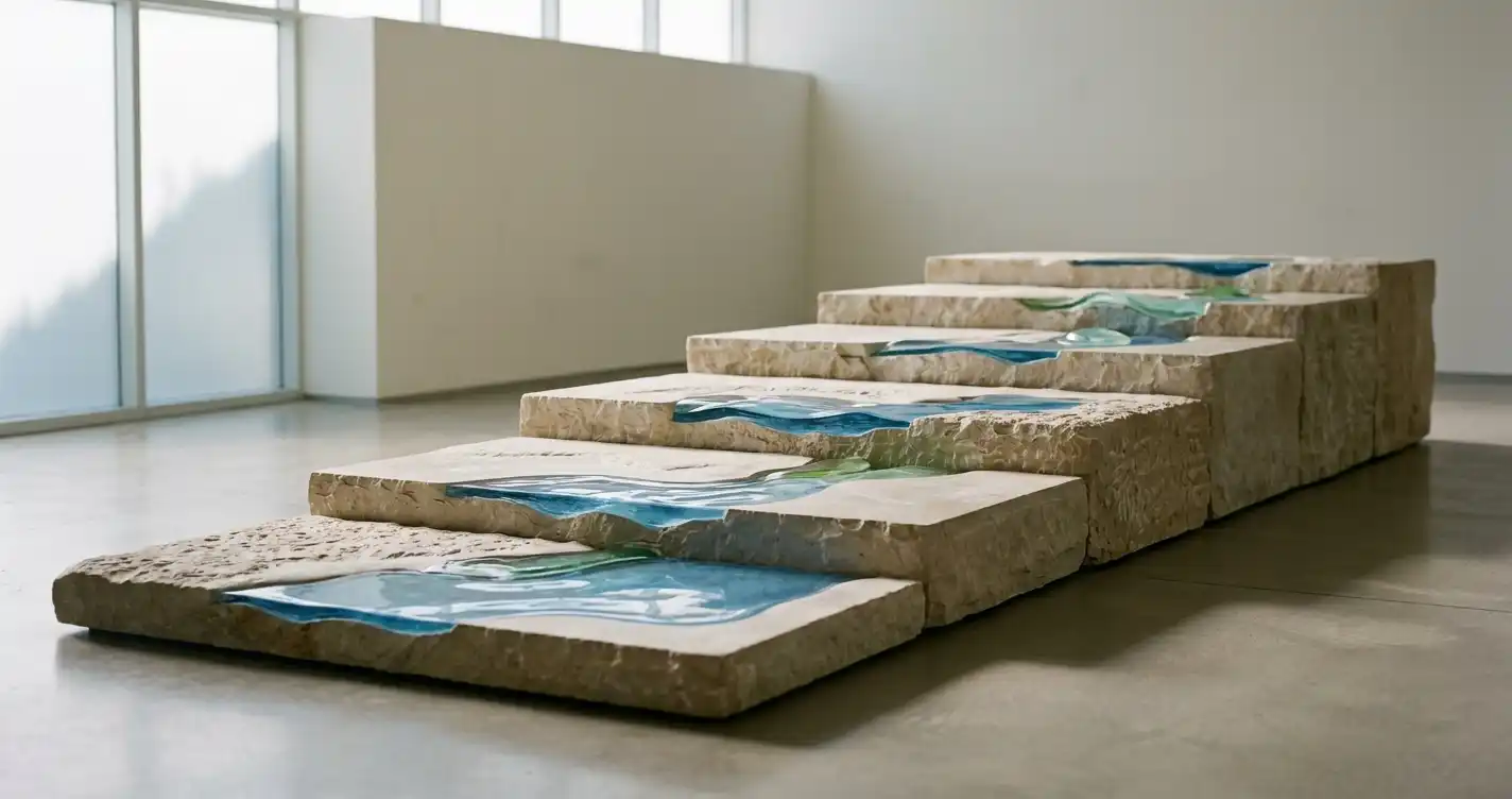 Five low stepped stone terraces overlooking a softly lit blue-green water surface in a quiet gallery